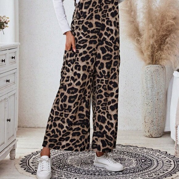 Khaki Casual Women's Leopard Print Pocket Loose Jumpsuit - Picture 4 of 4